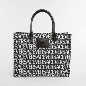 Versace Black Canvas Allover Logo Print Medusa Tote NWT